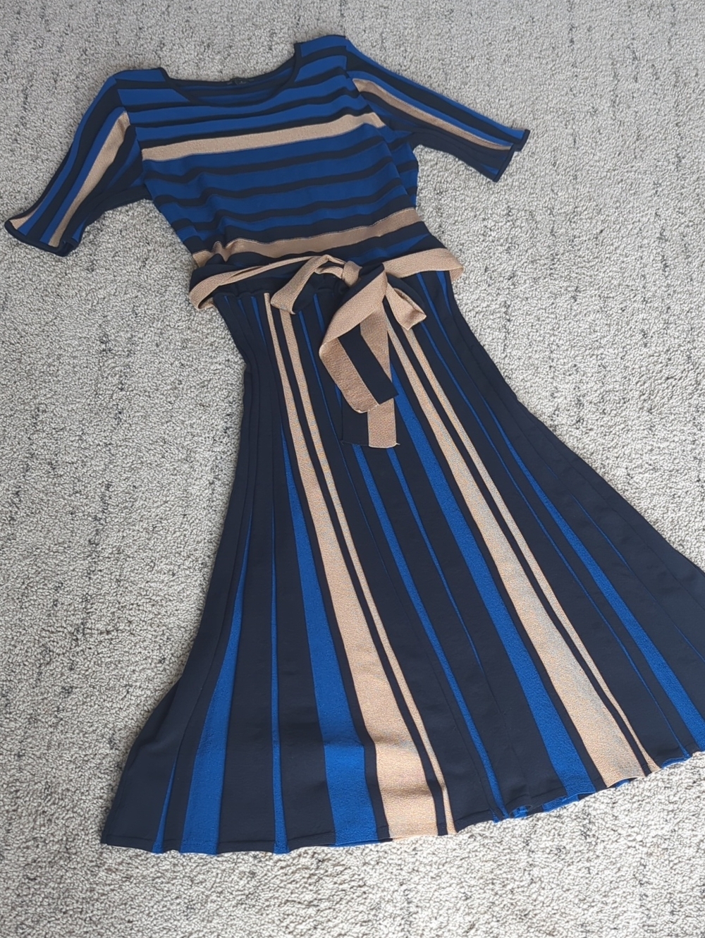 Ann Taylor Navy & Royal Blue Striped Midi Dress with Tan Tie Belt